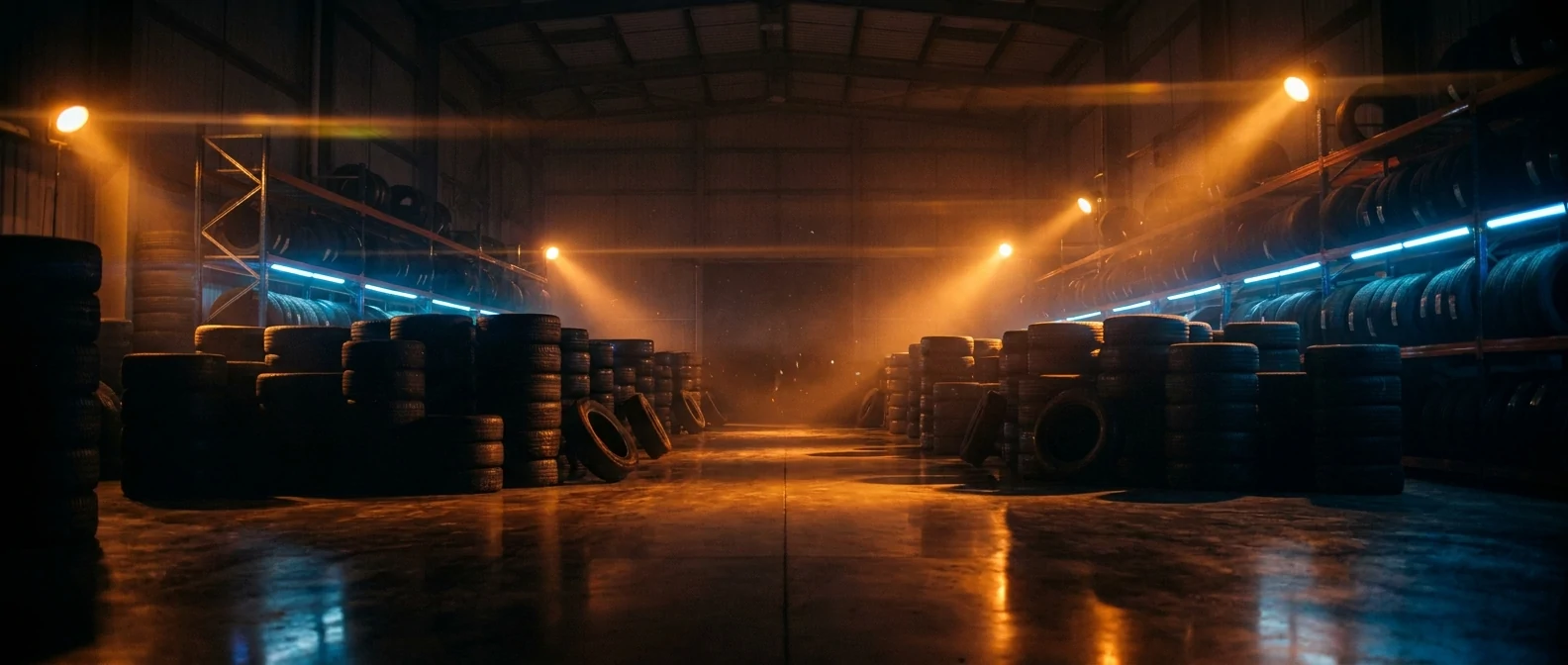Tyre warehouse, stacked rows under cinematic lighting