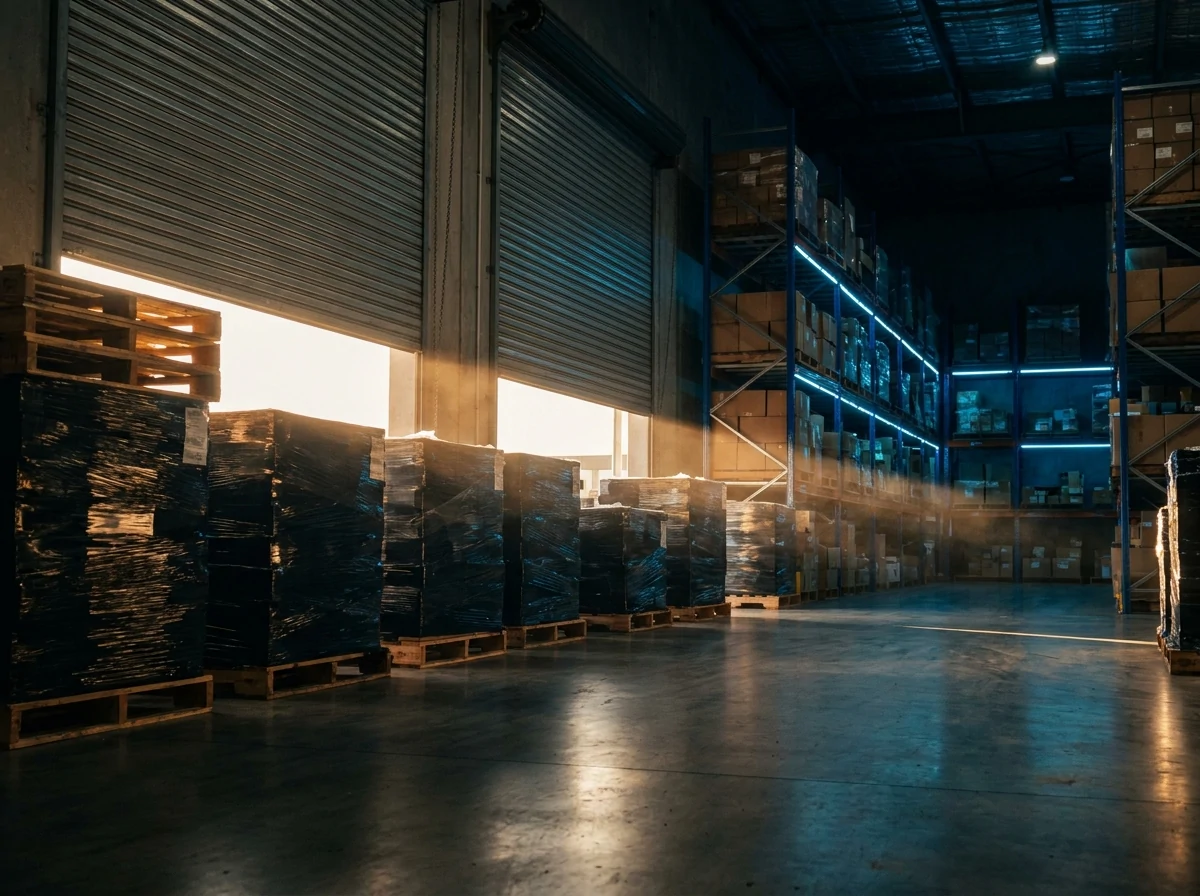 Dispatch dock at dawn, wrapped pallets staged for transport, warm light spilling through partially open roller doors