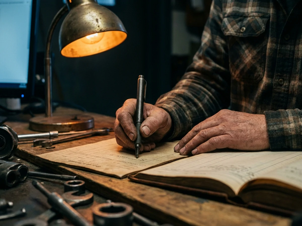Close-up of an experienced parts manager's hands writing on a paper purchase order under warm desk lamp