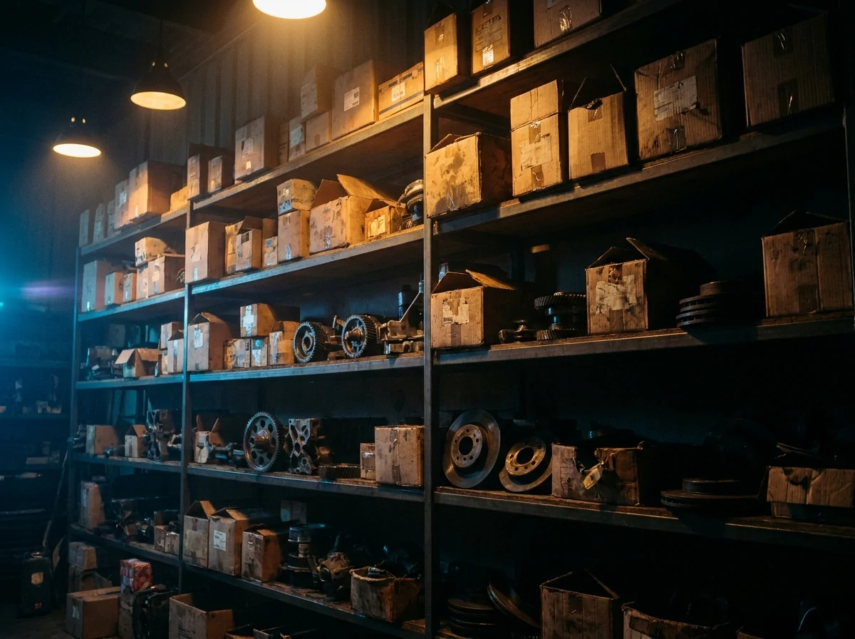 Shelving with mixed branded automotive parts boxes, dramatic warm and cool lighting