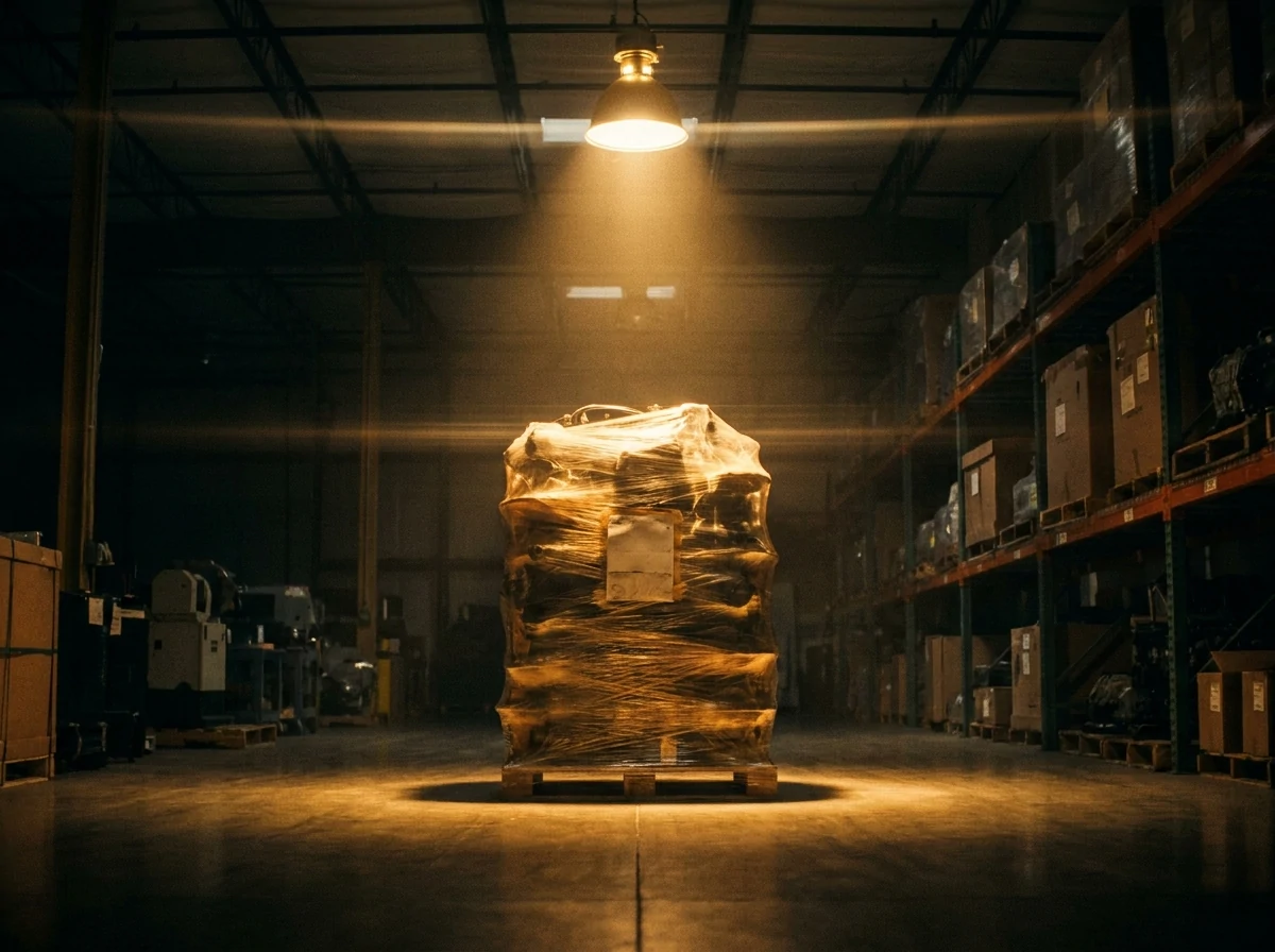 Tall plastic-wrapped automotive parts pallet under industrial spotlight, dramatic chiaroscuro